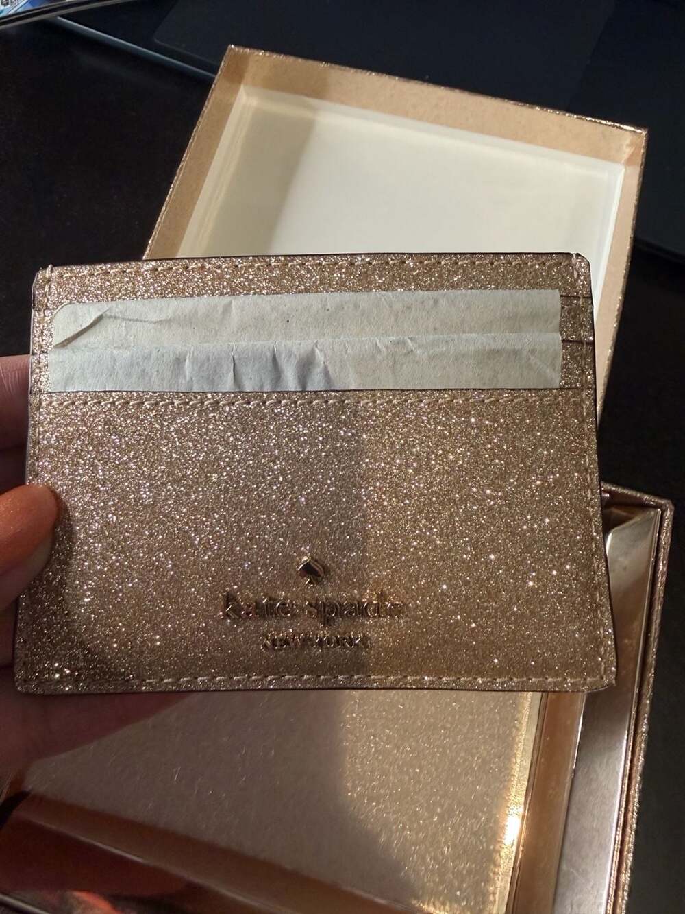Kate Spade Glimmer Glitter Card Holder in Gold Boxed Set